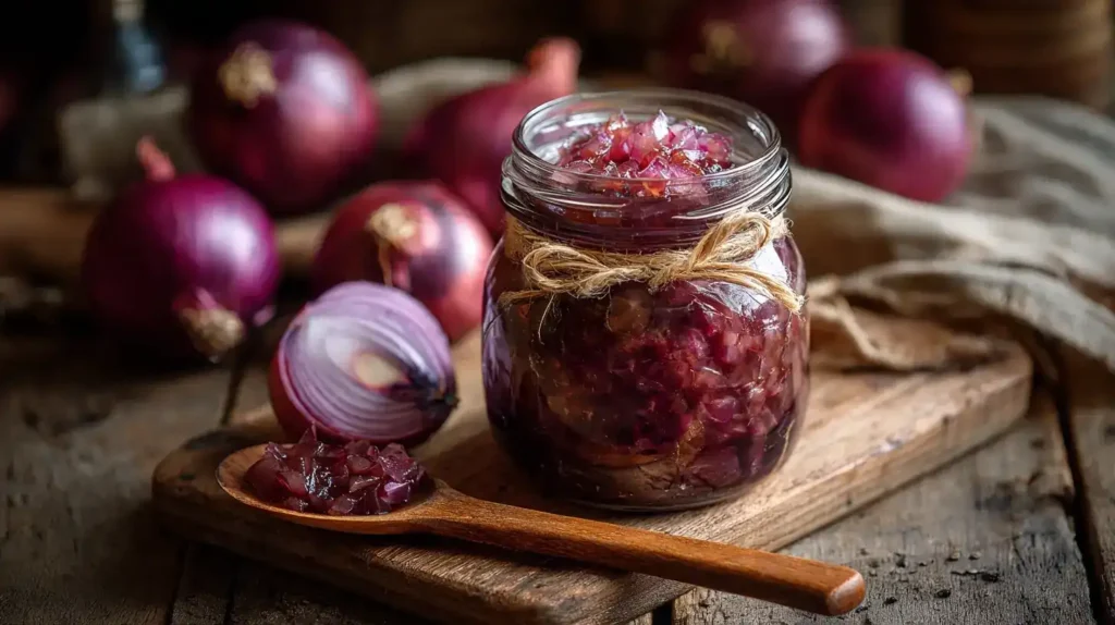 Nahaufnahme von karamellisierten roten Zwiebeln in einem Topf