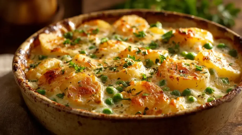 Kartoffelauflauf mit Knoblauch, Sahne und goldbraunem Käse