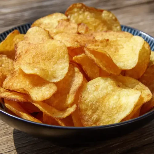 Knusprige Kartoffelchips aus dem Airfryer auf rustikalem Holztisch