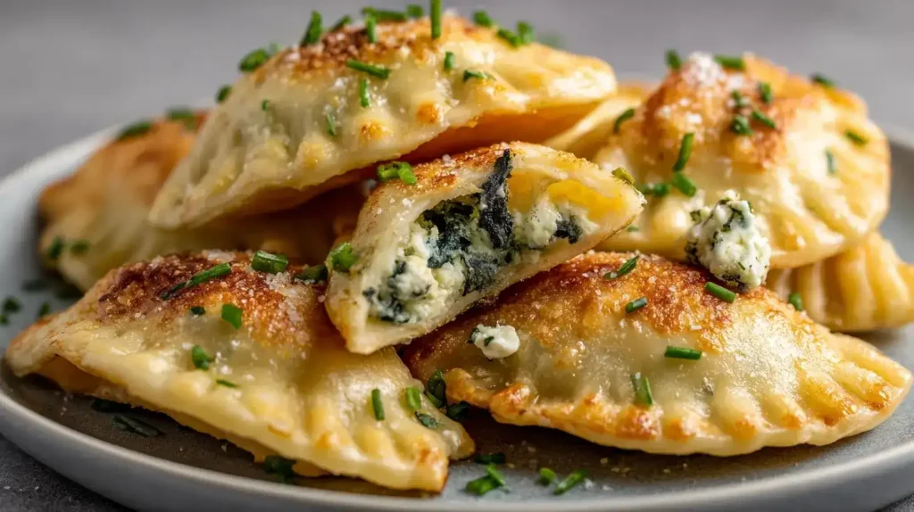 Goldbraune Kartoffeltaschen gefüllt mit Spinat und Frischkäse, serviert mit Dip