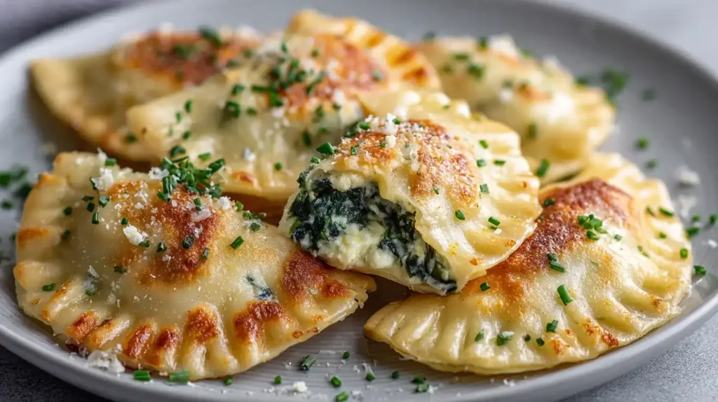 Knusprige Kartoffeltaschen mit cremiger Frischkäse-Spinatfüllung auf Holzbrett
