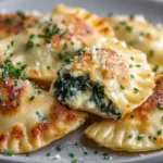 Knusprige Kartoffeltaschen mit cremiger Frischkäse-Spinatfüllung auf Holzbrett