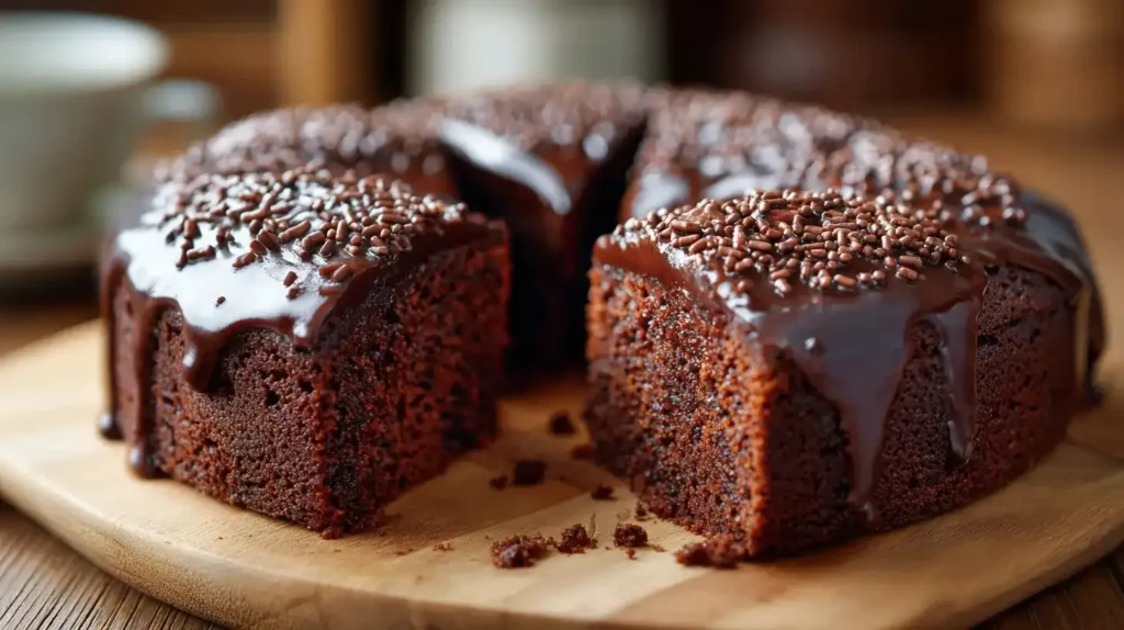 Saftiger Kefir-Schokokuchen mit Schokoguss und Streuseln