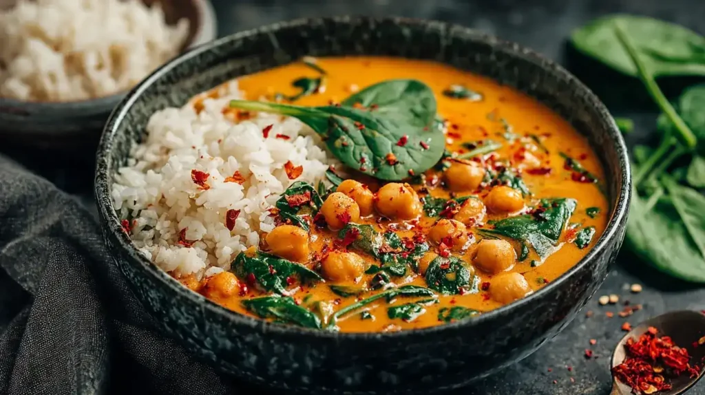 Frisches Kichererbsen-Tomaten-Curry mit Spinat und Kokosmilch in einer Schale serviert