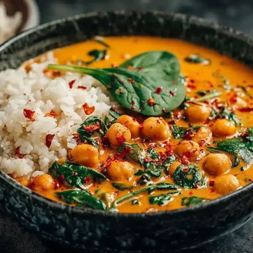 Frisches Kichererbsen-Tomaten-Curry mit Spinat und Kokosmilch in einer Schale serviert