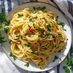 Cremige Knoblauchnudeln mit frischer Petersilie und Parmesan auf einem weißen Teller