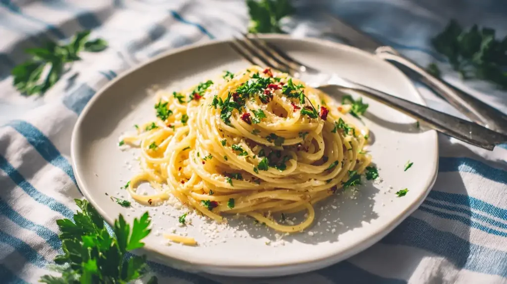 Servierfertige Knoblauchnudeln mit goldbrauner Butter und geriebenem Parmesan, garniert mit Petersilie