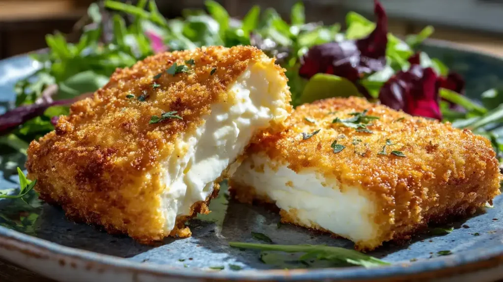 Knuspriger Feta aus dem Airfryer auf rustikalem Teller mit frischem Salat