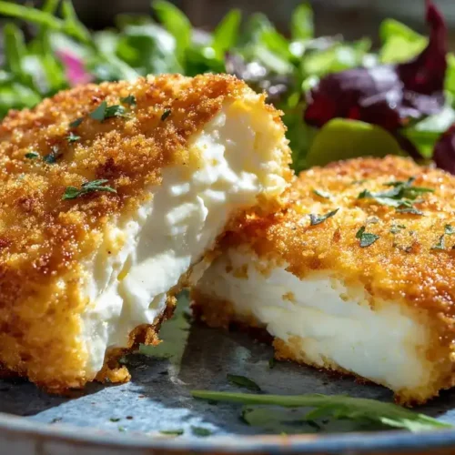 Knuspriger Feta aus dem Airfryer auf rustikalem Teller mit frischem Salat