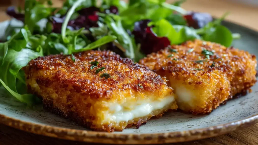 Goldbraun gebackener Feta im Airfryer, angerichtet als Snack oder Beilage