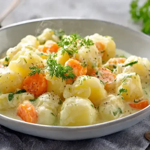 Cremiges Kohlrabigemüse mit Kartoffeln und Möhren, frisch serviert auf einem Teller