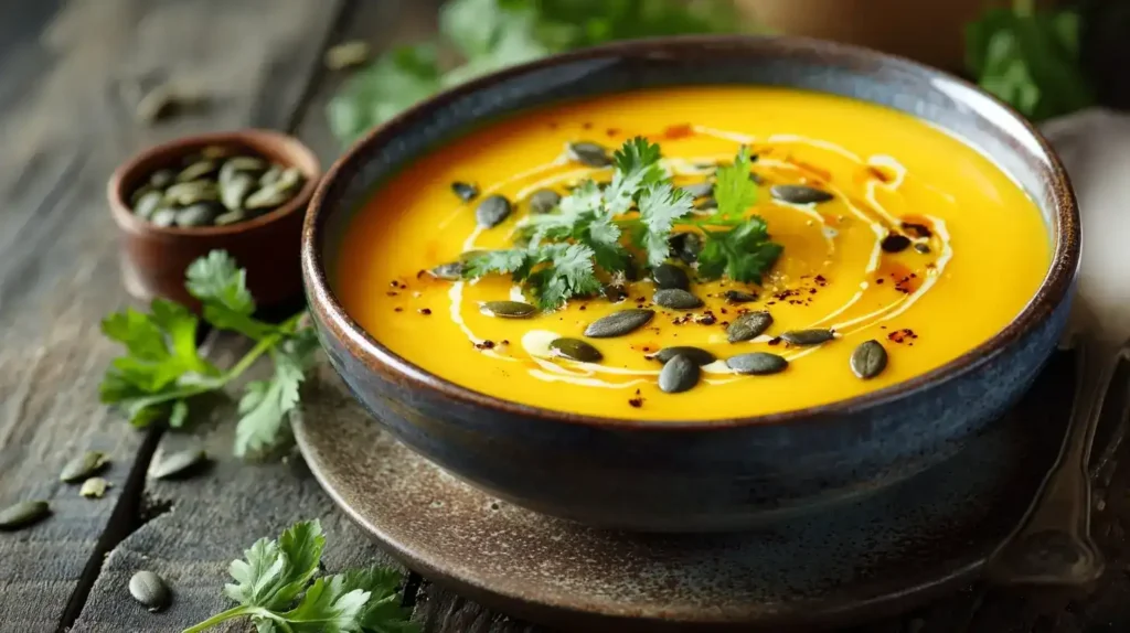 Cremige Kokos-Kürbissuppe mit Orangensaft und Kürbiskernen