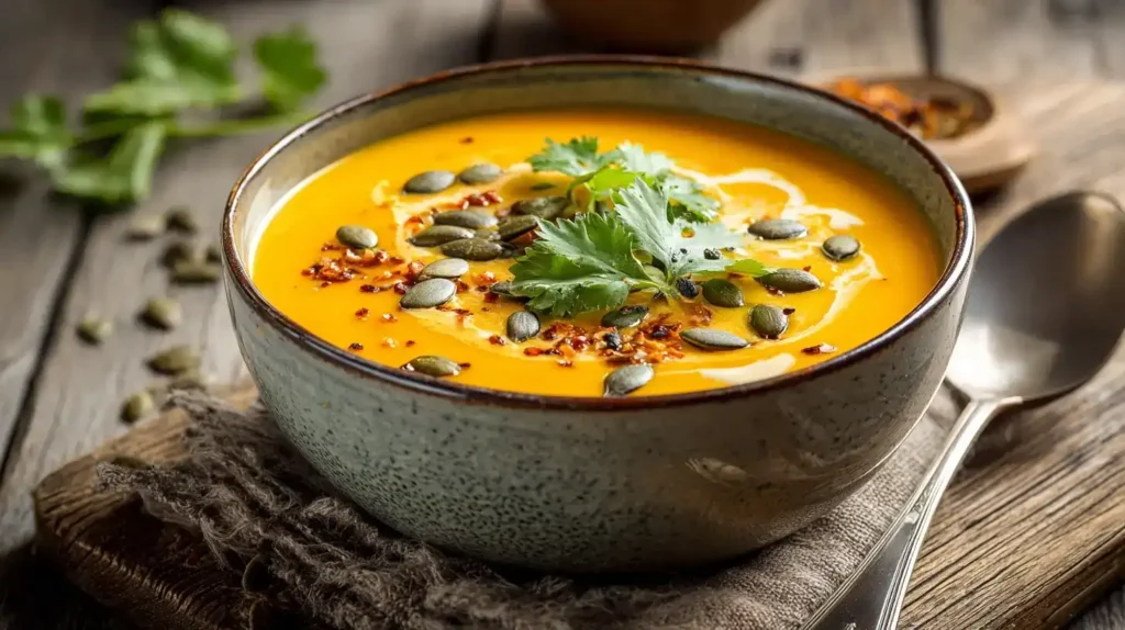 Kokos-Kürbissuppe mit Orangensaft in Schüssel serviert