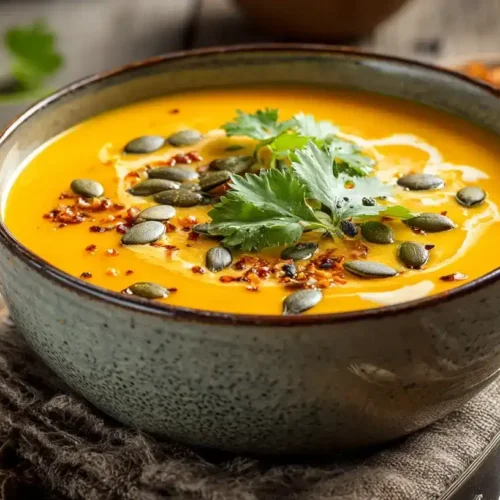 Kokos-Kürbissuppe mit Orangensaft in Schüssel serviert