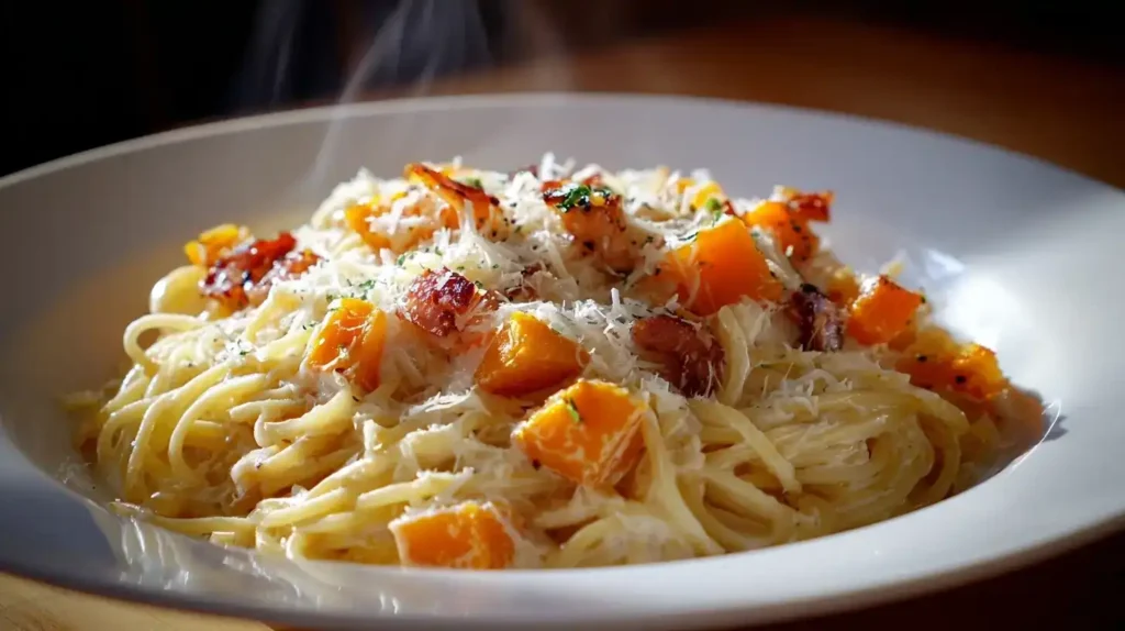Cremige Kürbis-Carbonara mit Hokkaido-Kürbis, knusprigem Speck und Parmesan serviert auf Teller