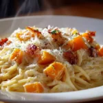 Cremige Kürbis-Carbonara mit Hokkaido-Kürbis, knusprigem Speck und Parmesan serviert auf Teller