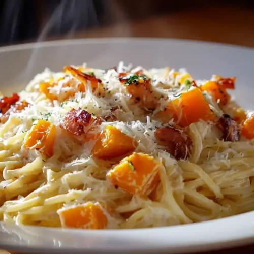 Cremige Kürbis-Carbonara mit Hokkaido-Kürbis, knusprigem Speck und Parmesan serviert auf Teller