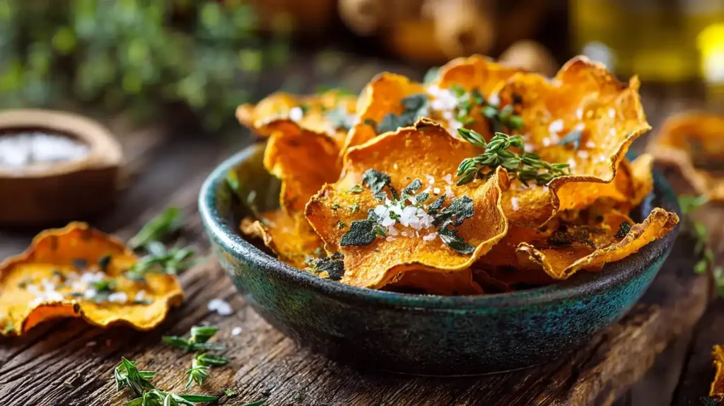 Kürbis-Chips frisch gebacken aus dem Ofen auf Holzbrett