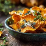 Kürbis-Chips frisch gebacken aus dem Ofen auf Holzbrett