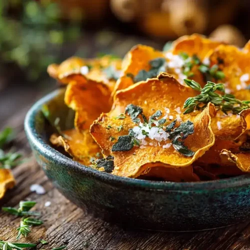 Kürbis-Chips frisch gebacken aus dem Ofen auf Holzbrett