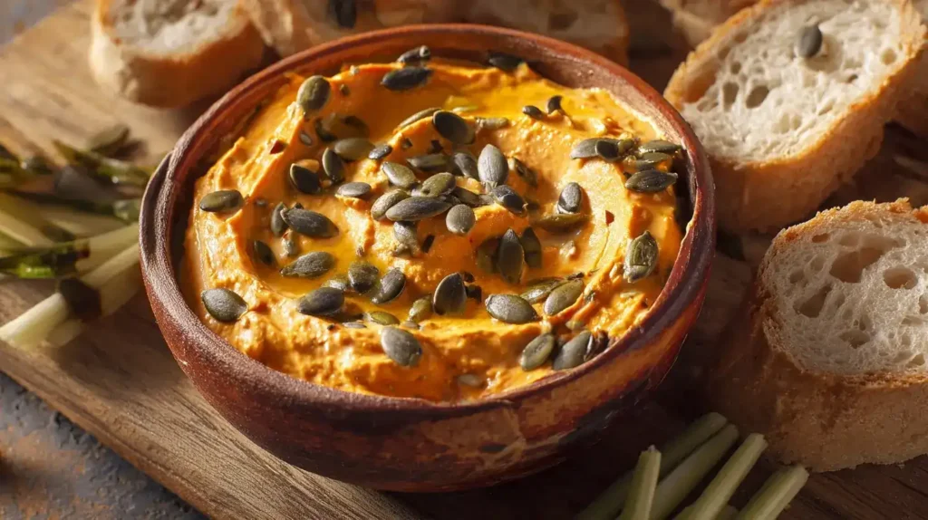 Cremiger Kürbis-Frischkäse-Dip in Schale mit gerösteten Kürbiskernen, serviert mit Brot und Gemüse