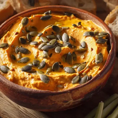 Cremiger Kürbis-Frischkäse-Dip in Schale mit gerösteten Kürbiskernen, serviert mit Brot und Gemüse