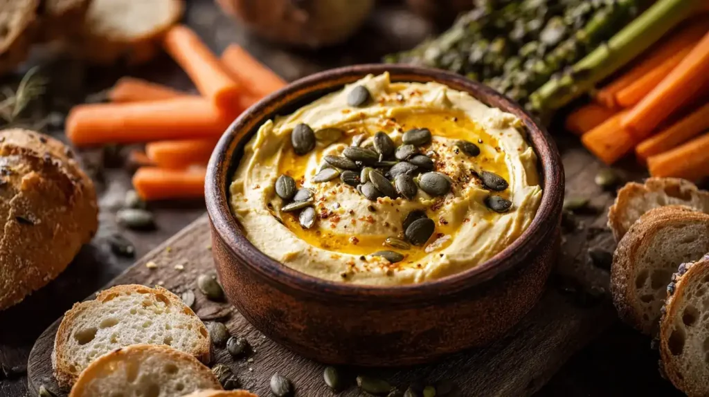 Zutaten für Kürbis-Frischkäse-Dip: Hokkaido-Kürbis, Frischkäse, Kürbiskerne und Gewürze auf Holztisch