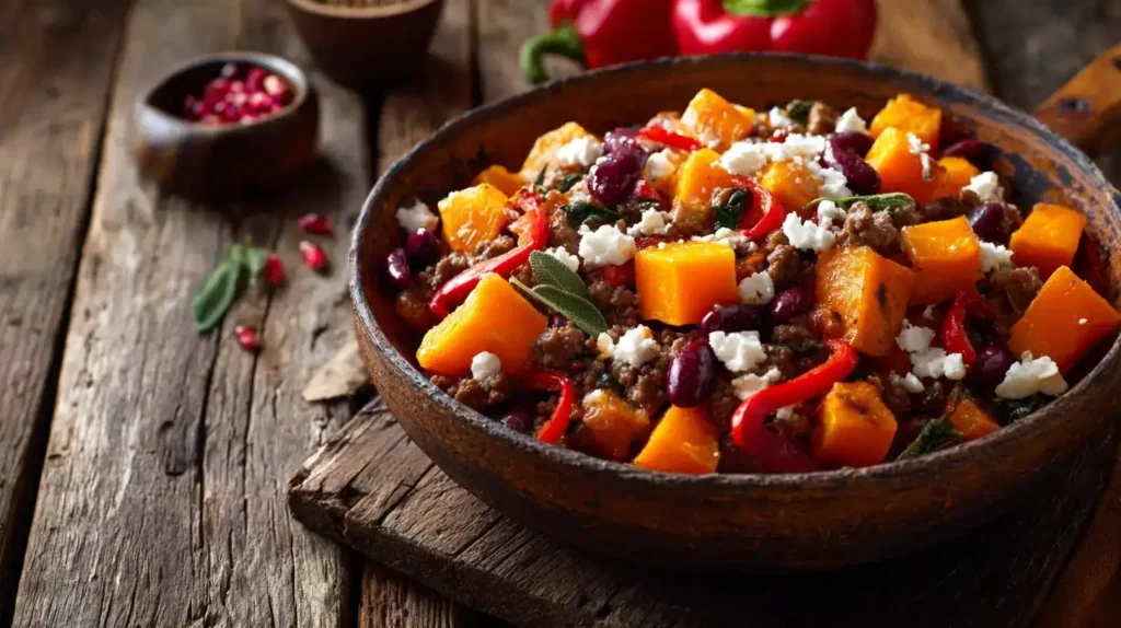 Servierte Kürbis-Hackfleisch-Pfanne in rustikalem Teller, dampfend und herbstlich angerichtet