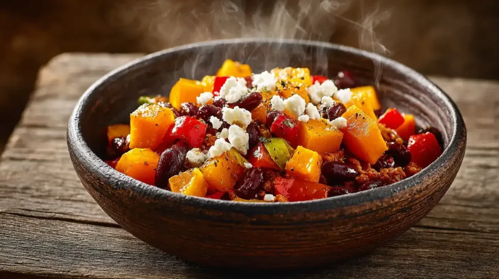 Top-down Aufnahme einer Kürbis-Hackfleisch-Pfanne mit Paprika, Bohnen und Feta