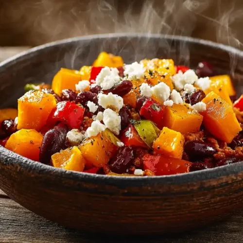 Top-down Aufnahme einer Kürbis-Hackfleisch-Pfanne mit Paprika, Bohnen und Feta