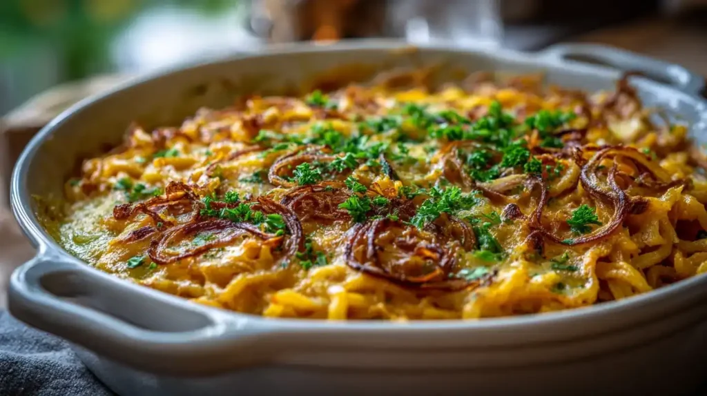 Frisch gebackene Kürbis-Käsespätzle mit karamellisierten Zwiebeln und Petersilie serviert