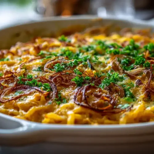 Frisch gebackene Kürbis-Käsespätzle mit karamellisierten Zwiebeln und Petersilie serviert