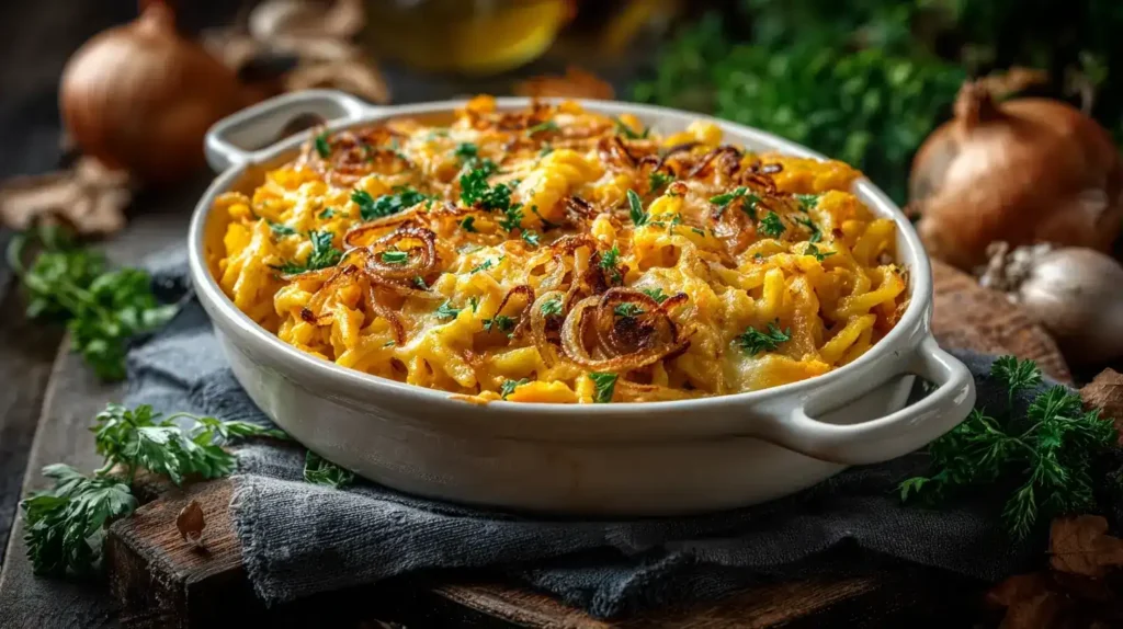 Cremige Kürbis-Käsespätzle auf einem Teller, garniert mit Bergkäse und frischer Petersilie