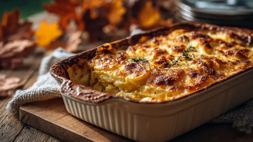 Herbstlicher Kürbis-Kartoffel-Auflauf mit cremiger Sauce und Kartoffelschichten