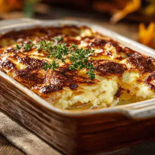 Kürbis-Kartoffel-Auflauf frisch gebacken im Ofen mit Käsekruste