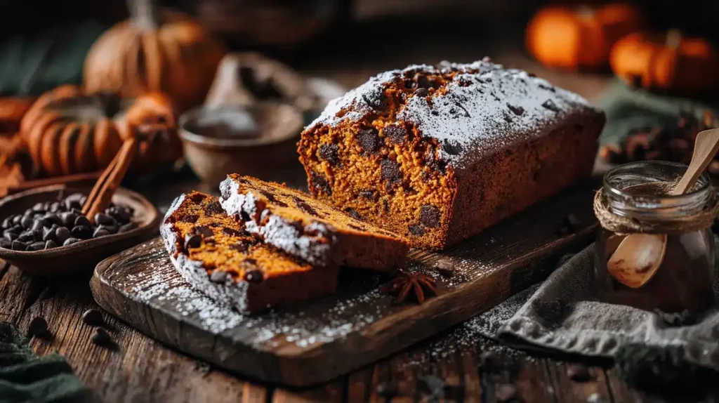 Aufgeschnittener Kürbis-Schokokuchen mit Schokoladentropfen