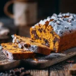 Saftiger Kürbis-Schokokuchen im Ganzen auf Holztisch