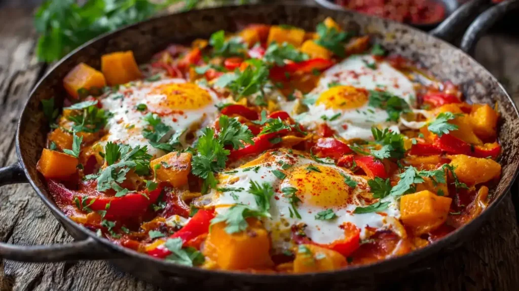 Kürbis-Shakshuka in Pfanne mit pochierten Eiern und frischem Koriander