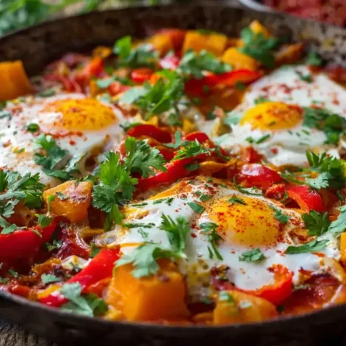 Kürbis-Shakshuka in Pfanne mit pochierten Eiern und frischem Koriander