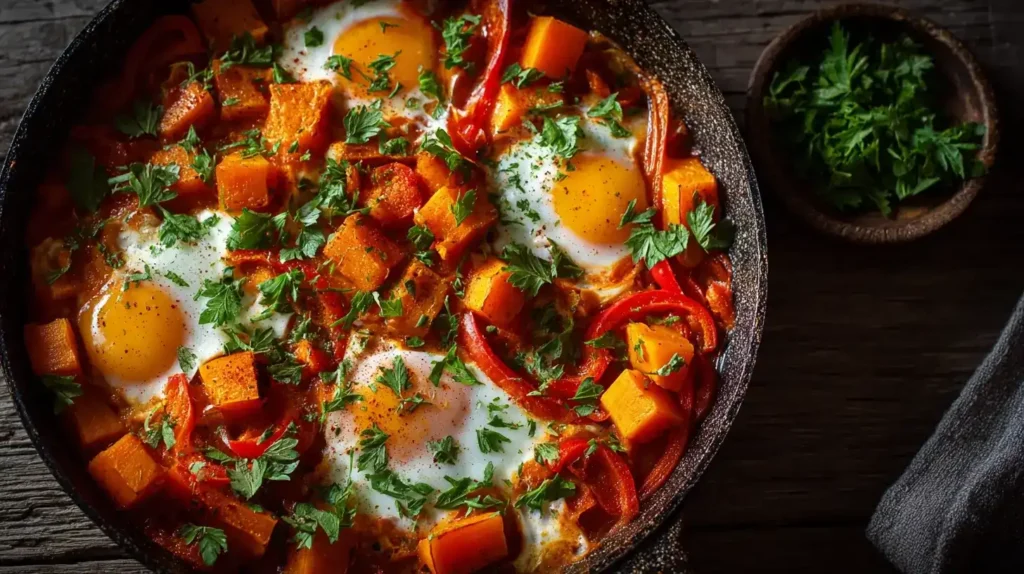 Servierte Kürbis-Shakshuka mit Fladenbrot auf rustikalem Teller