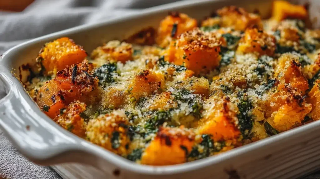 Kürbis-Spinat-Gratin frisch aus dem Ofen mit knuspriger Parmesan-Kruste