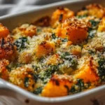 Kürbis-Spinat-Gratin frisch aus dem Ofen mit knuspriger Parmesan-Kruste