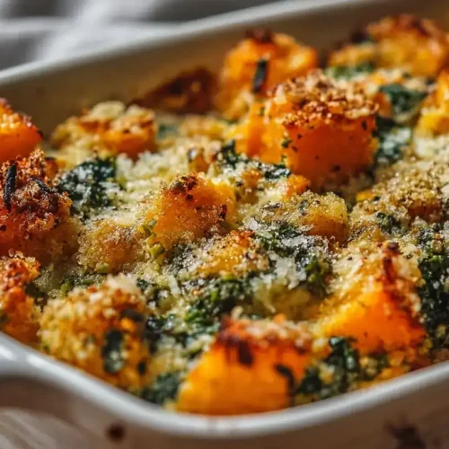Kürbis-Spinat-Gratin frisch aus dem Ofen mit knuspriger Parmesan-Kruste