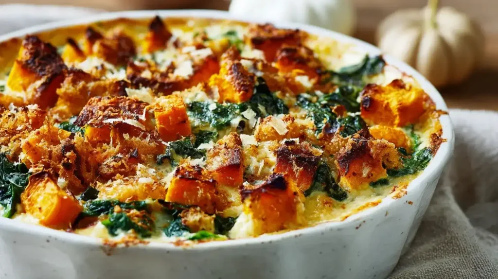 Serviertes Kürbis-Spinat-Gratin auf einem Teller, cremig und würzig