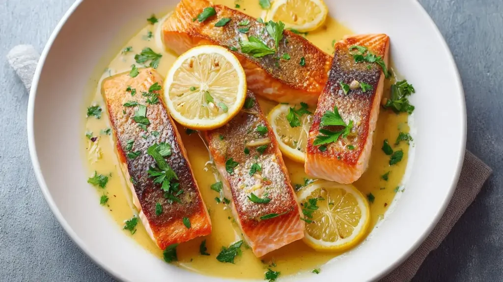 Servierter Lachs in Knoblauch-Zitronen-Soße mit Zitronenscheiben und Buttersoße