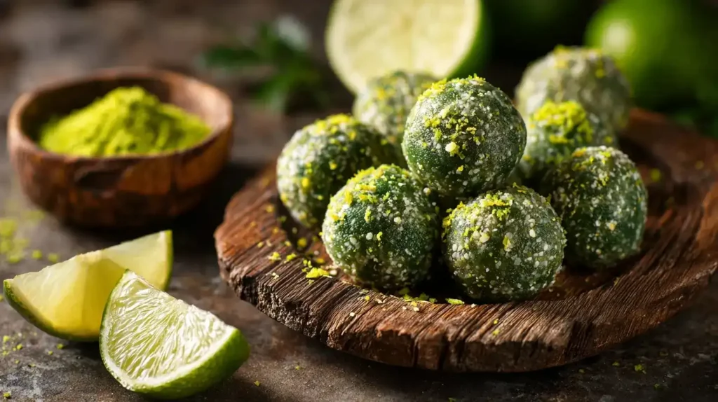 Nahaufnahme von frischen Limetten-Energy-Balls mit leuchtend grüner Limettenzeste