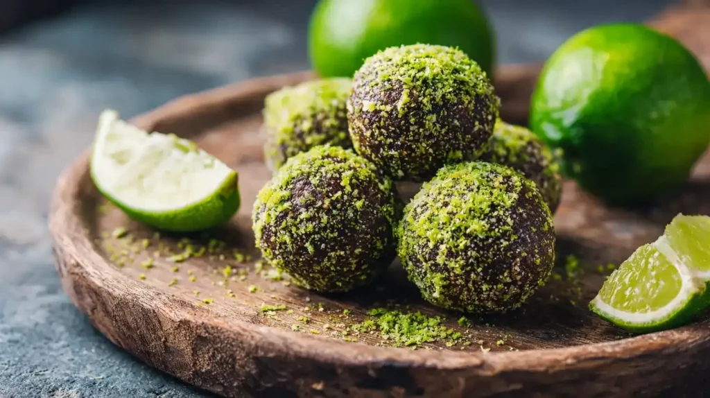 Limetten-Energy-Balls auf einem rustikalen Holzteller, frisch und vegan