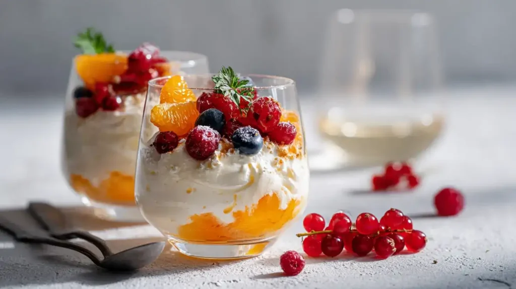 Luftige Aperol-Creme mit frischen Beeren, elegant serviert im Dessertglas