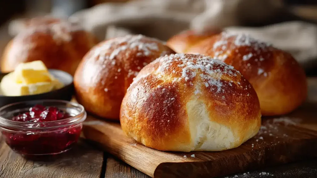 Martinsbrötchen aufgeschnitten mit Butter und roter Marmelade serviert