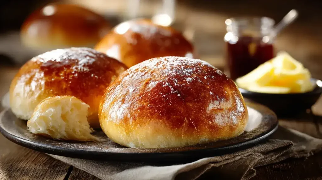 Frisch gebackene Martinsbrötchen mit goldbrauner Kruste auf Holztisch